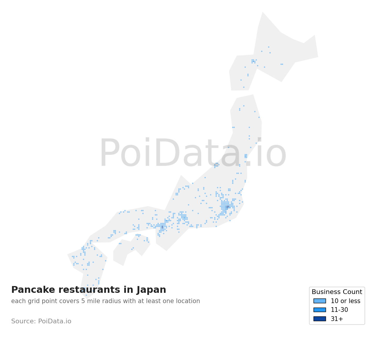Pancake restaurant density map for Miyazaki, Japan