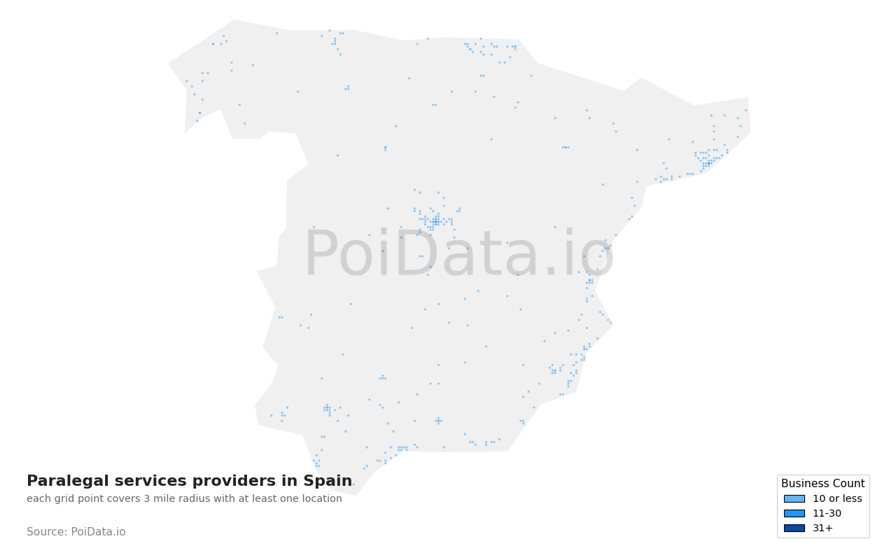 Paralegal services provider density map for Spain