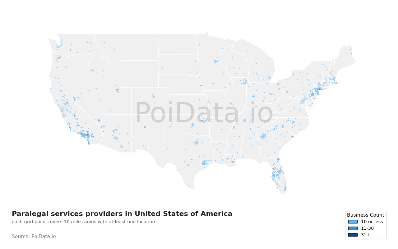 Paralegal services provider density map for Florida, United States