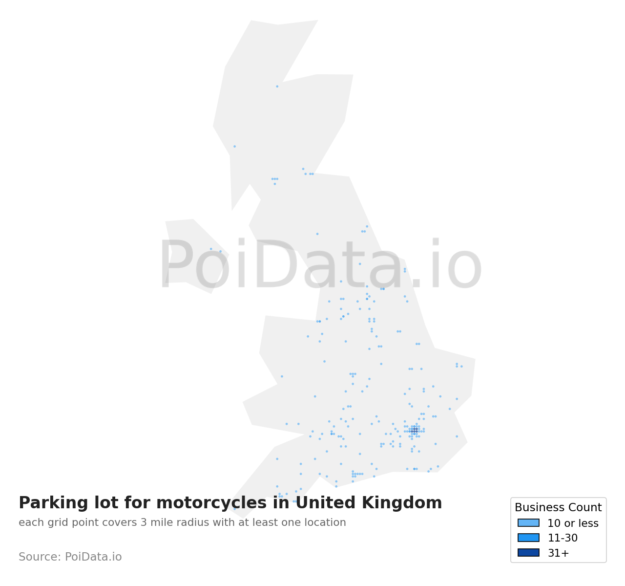 Parking lot for motorcycles density map for United Kingdom