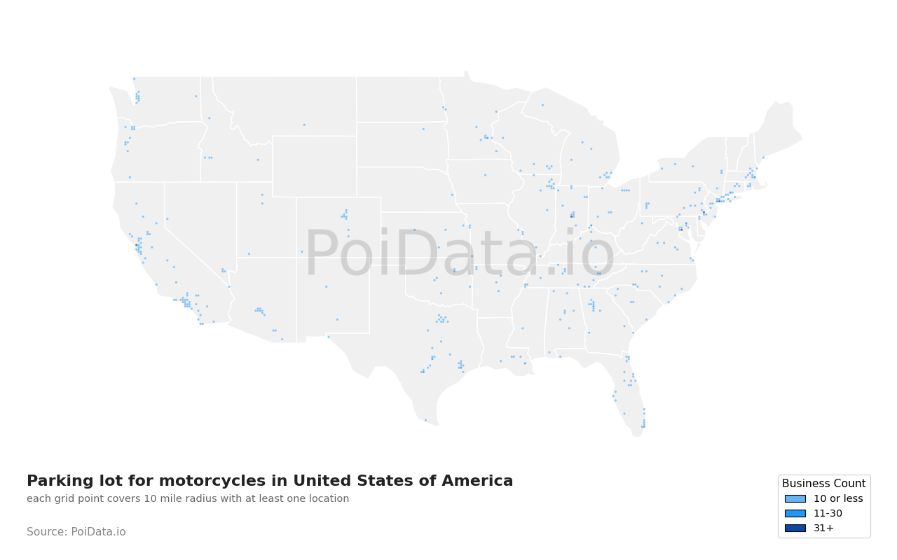 Parking lot for motorcycles density map for Massachusetts, United States
