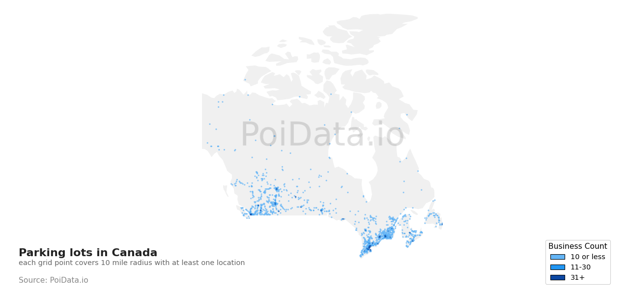Parking lot density map for Canada