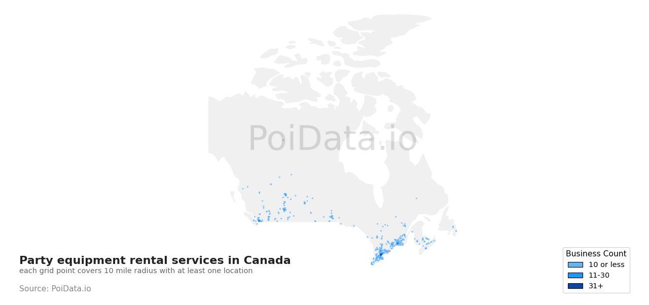 Party equipment rental service density map for Alberta, Canada
