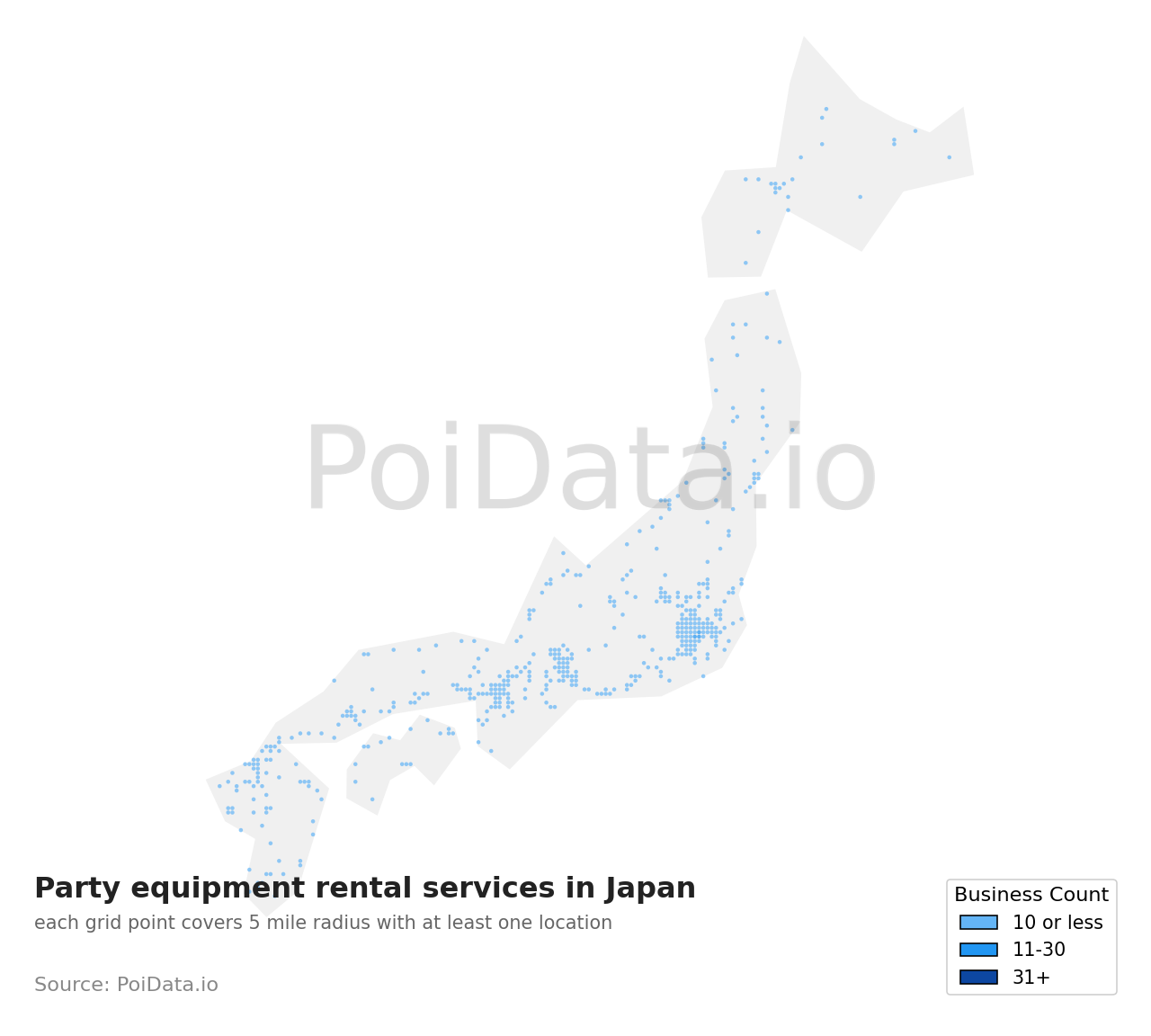 Party equipment rental service density map for Japan
