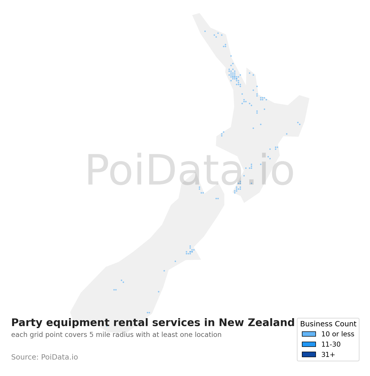 Party equipment rental service density map for New Zealand