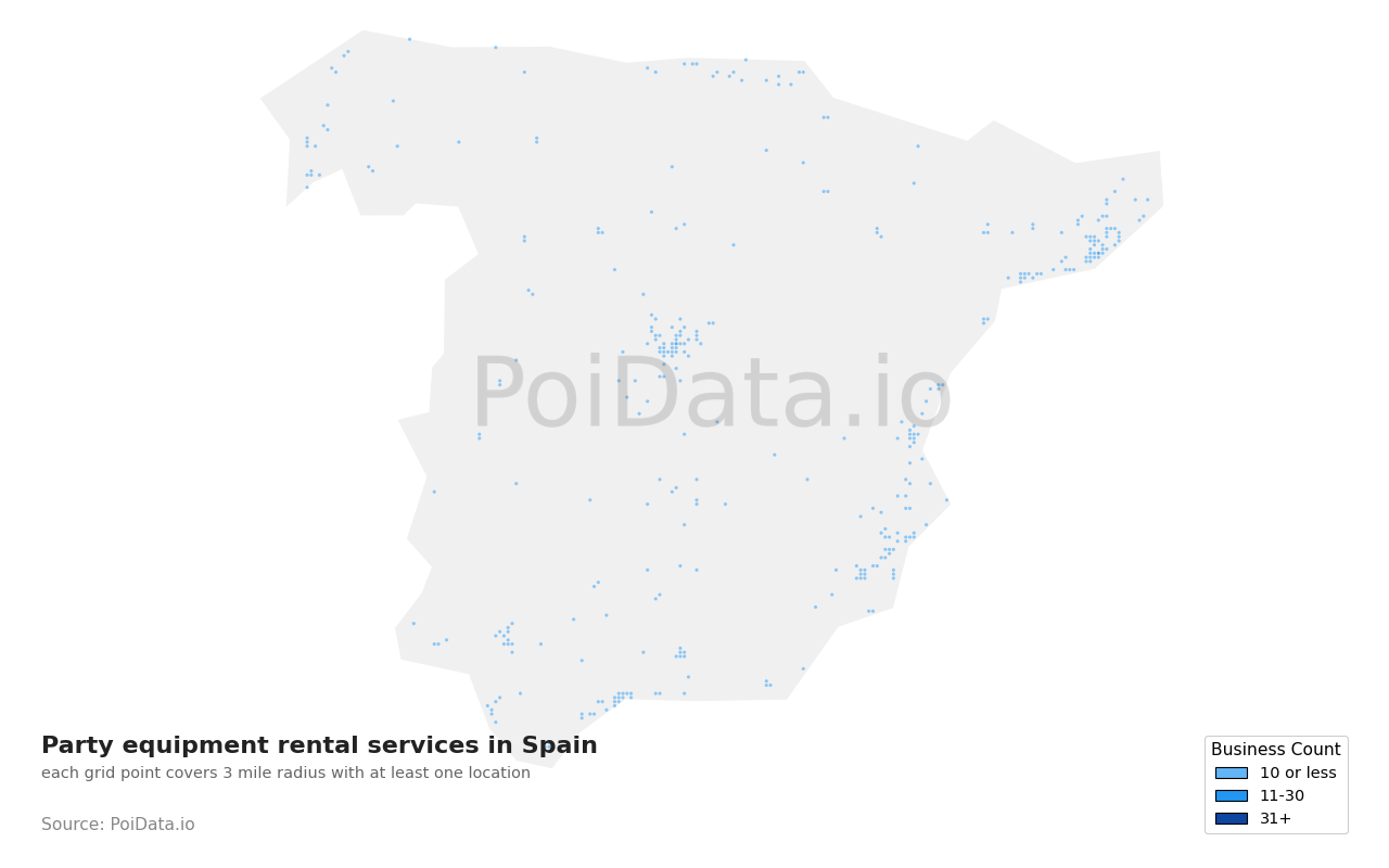 Party equipment rental service density map for Spain
