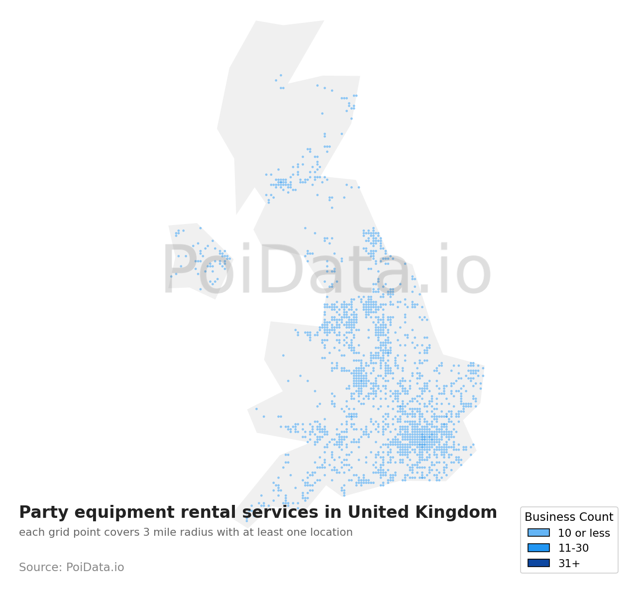 Party equipment rental service density map for United Kingdom