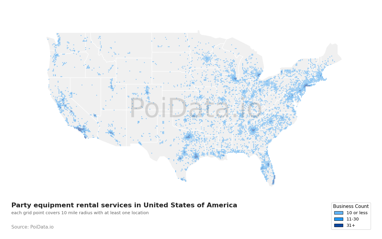Party equipment rental service density map for California, United States