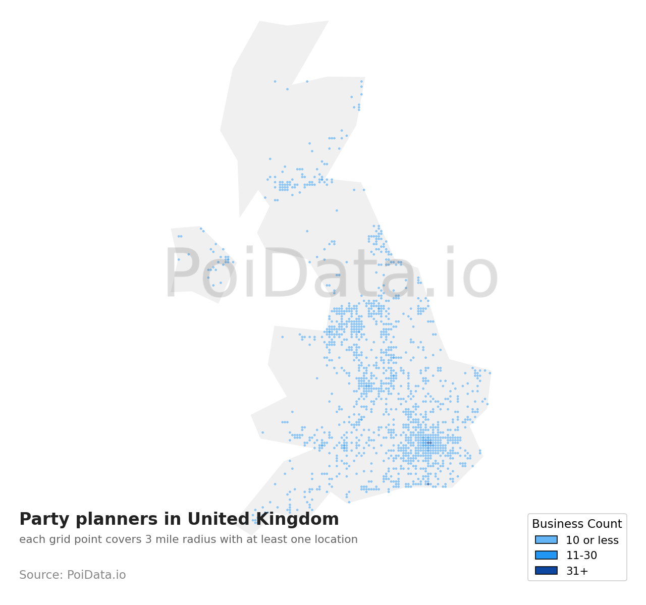 Party planner density map for United Kingdom