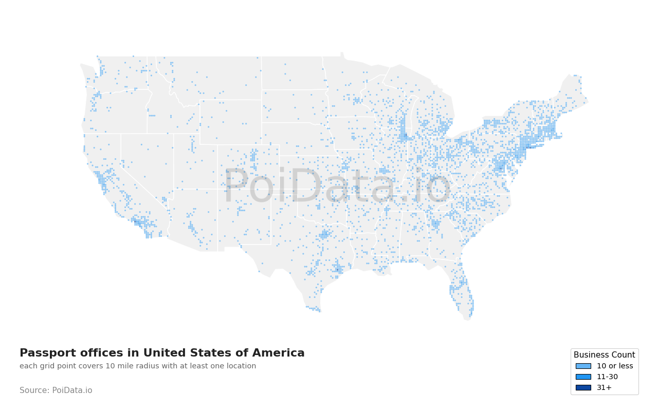 Passport office density map for Florida, United States