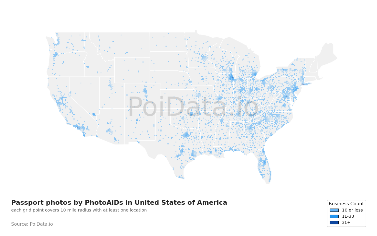 Passport photos by PhotoAiD density map for United States