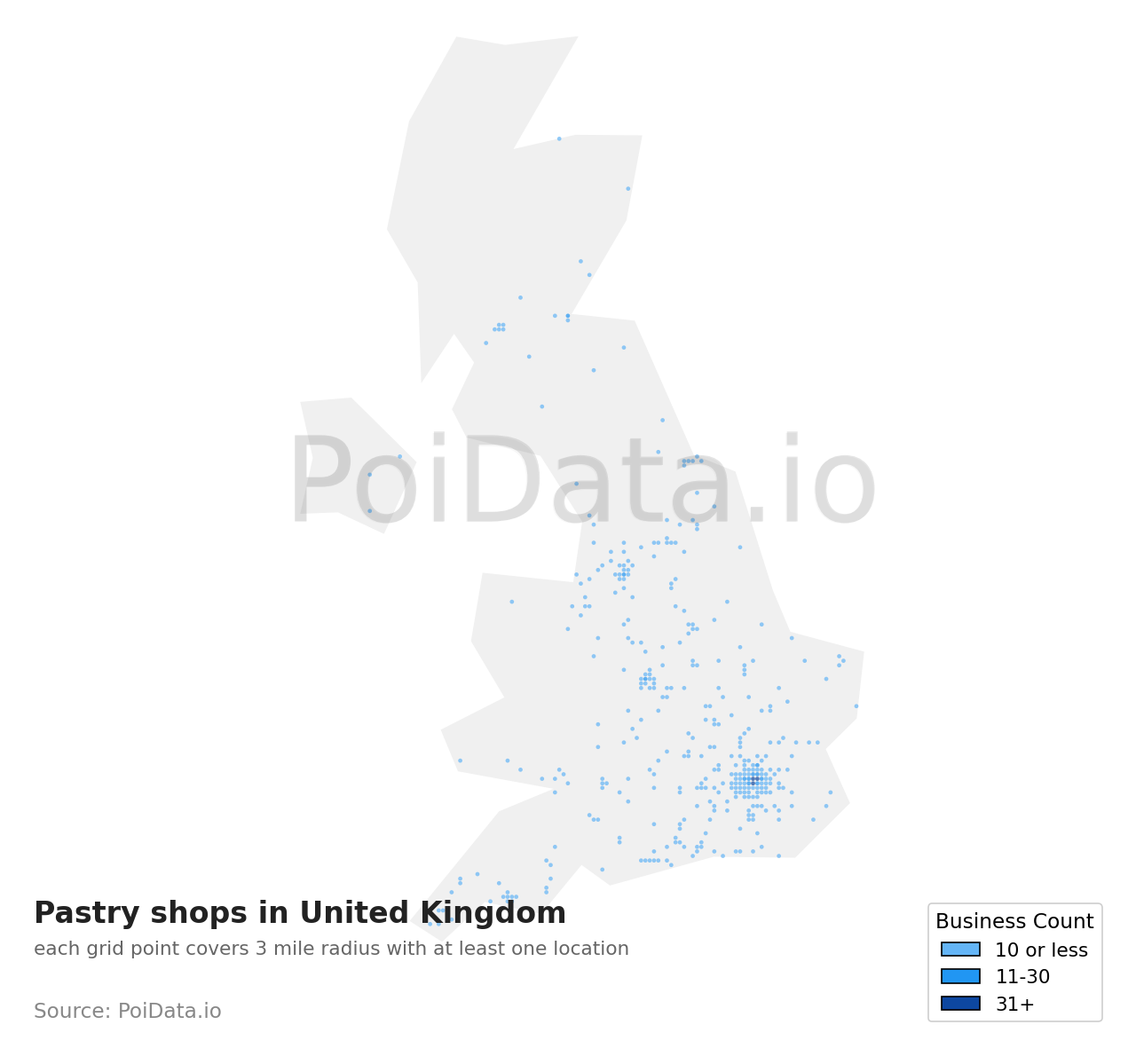 Pastry shop density map for United Kingdom