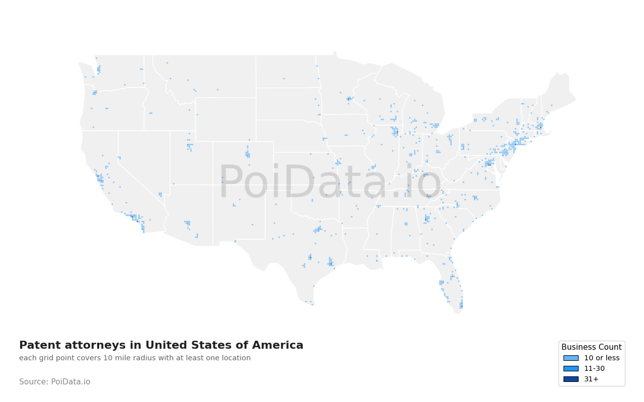 Patent attorney density map for United States
