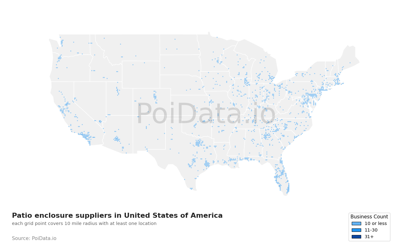 Patio enclosure supplier density map for Massachusetts, United States