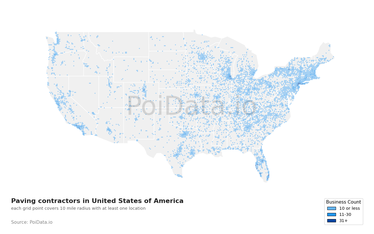 Paving contractor density map for Louisiana, United States