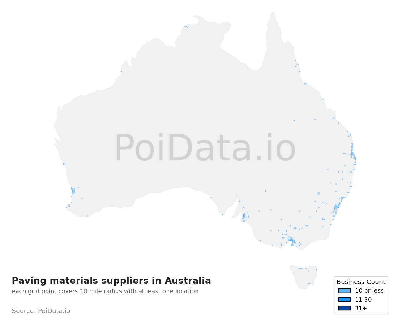Paving materials supplier density map for Tasmania, Australia