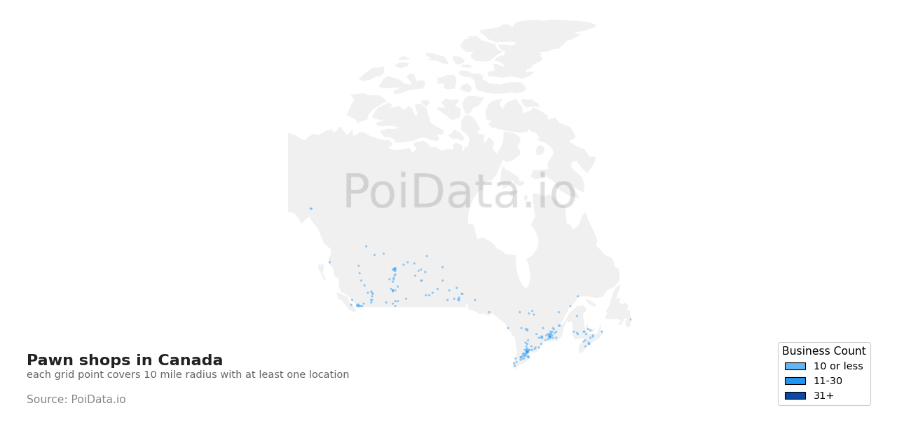 Pawn shop density map for Yukon, Canada