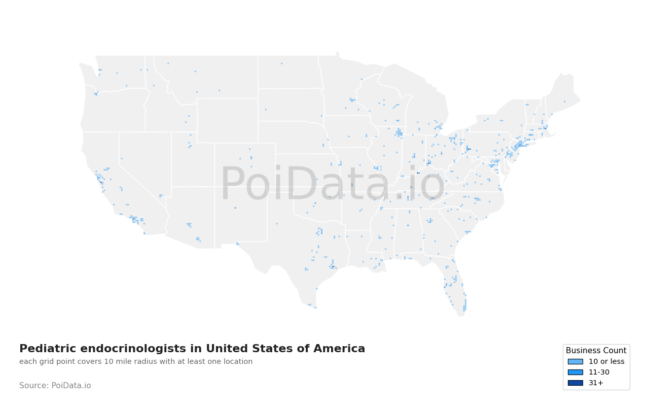 Pediatric endocrinologist density map for United States