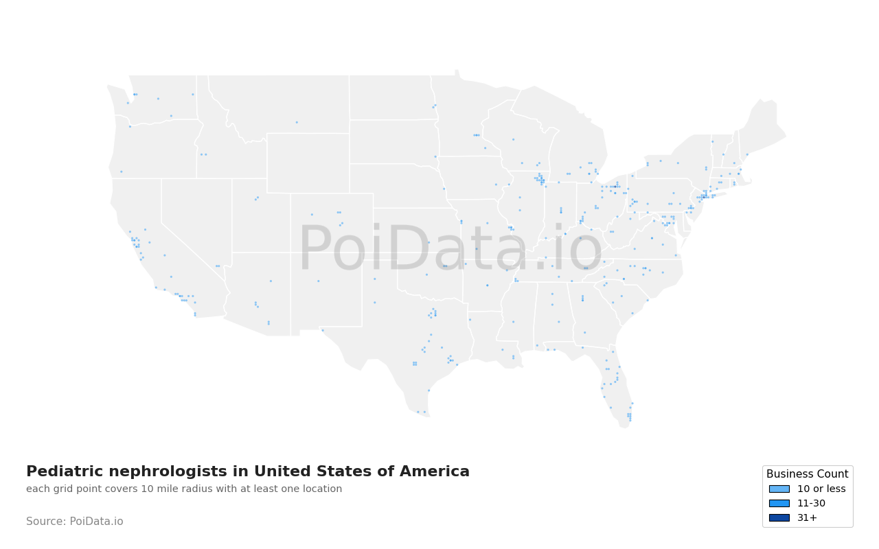 Pediatric nephrologist density map for United States