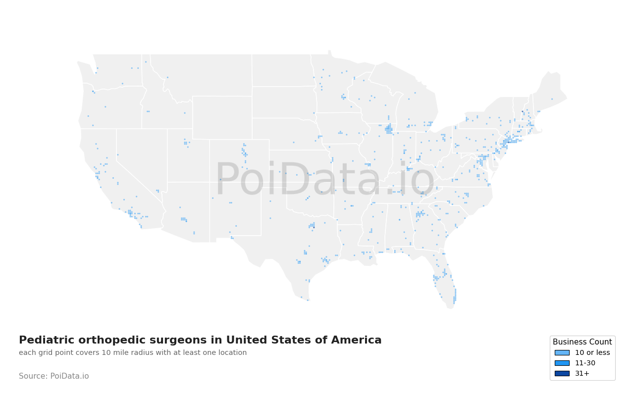 Pediatric orthopedic surgeon density map for United States