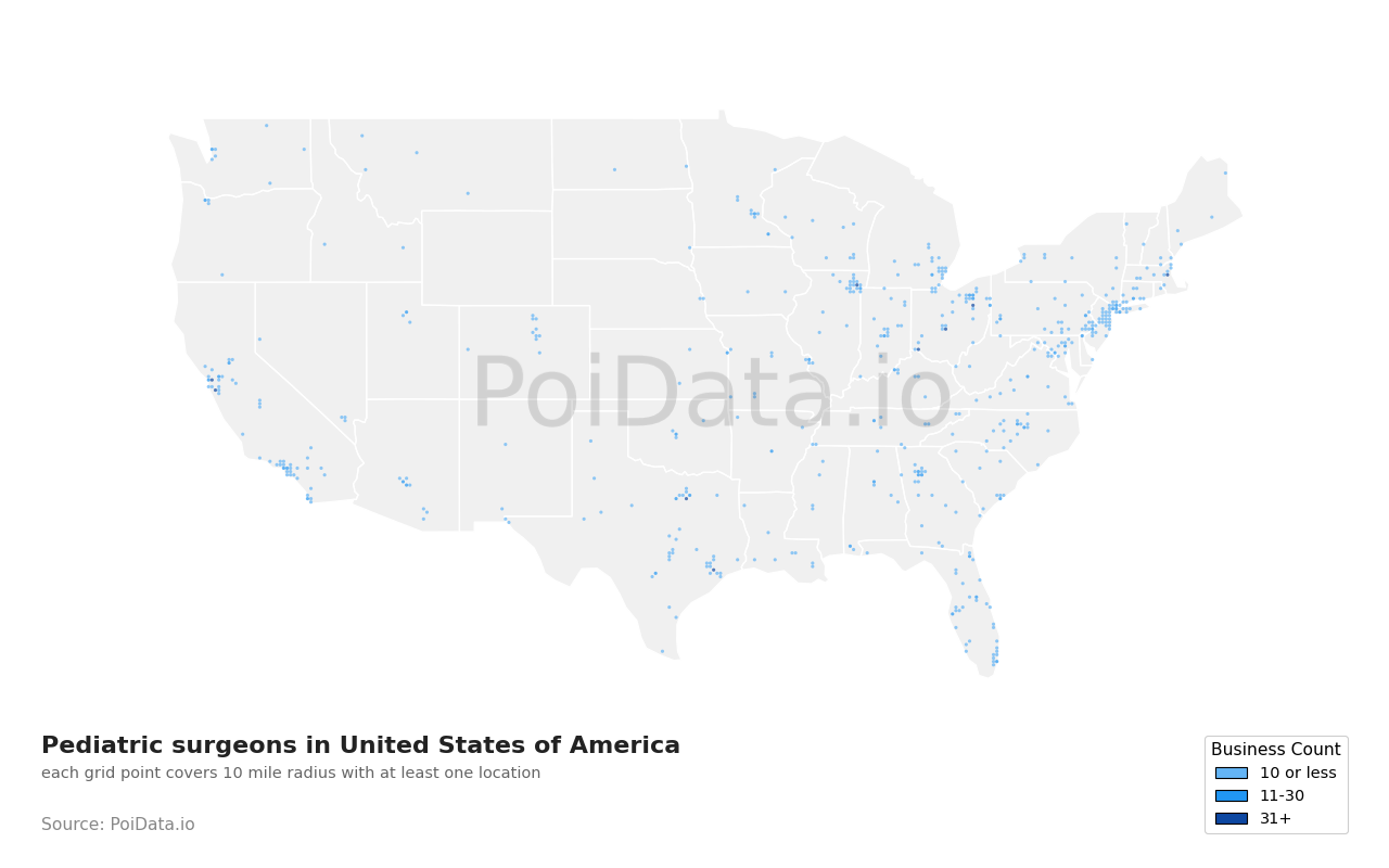 Pediatric surgeon density map for United States