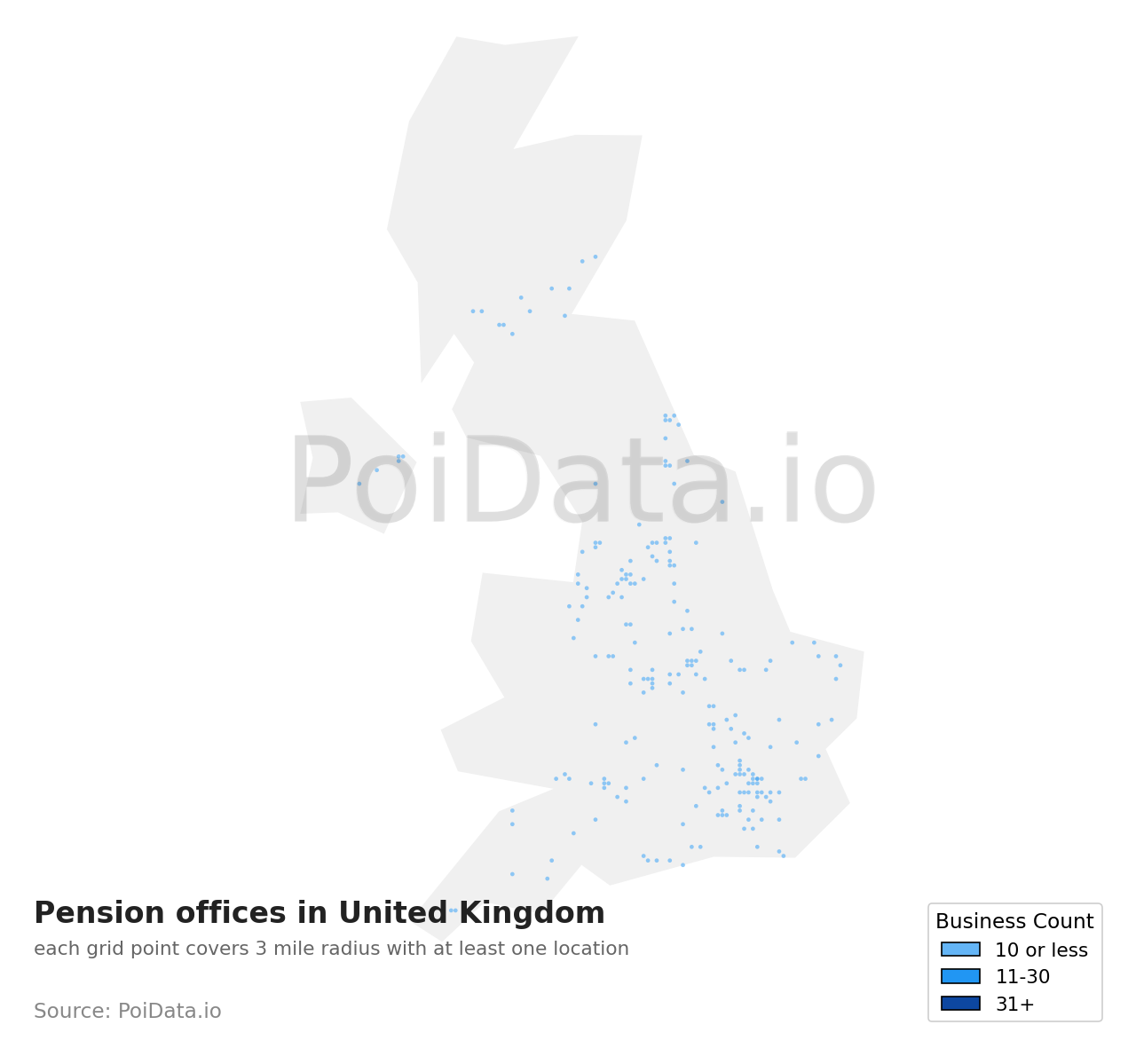 Pension office density map for United Kingdom