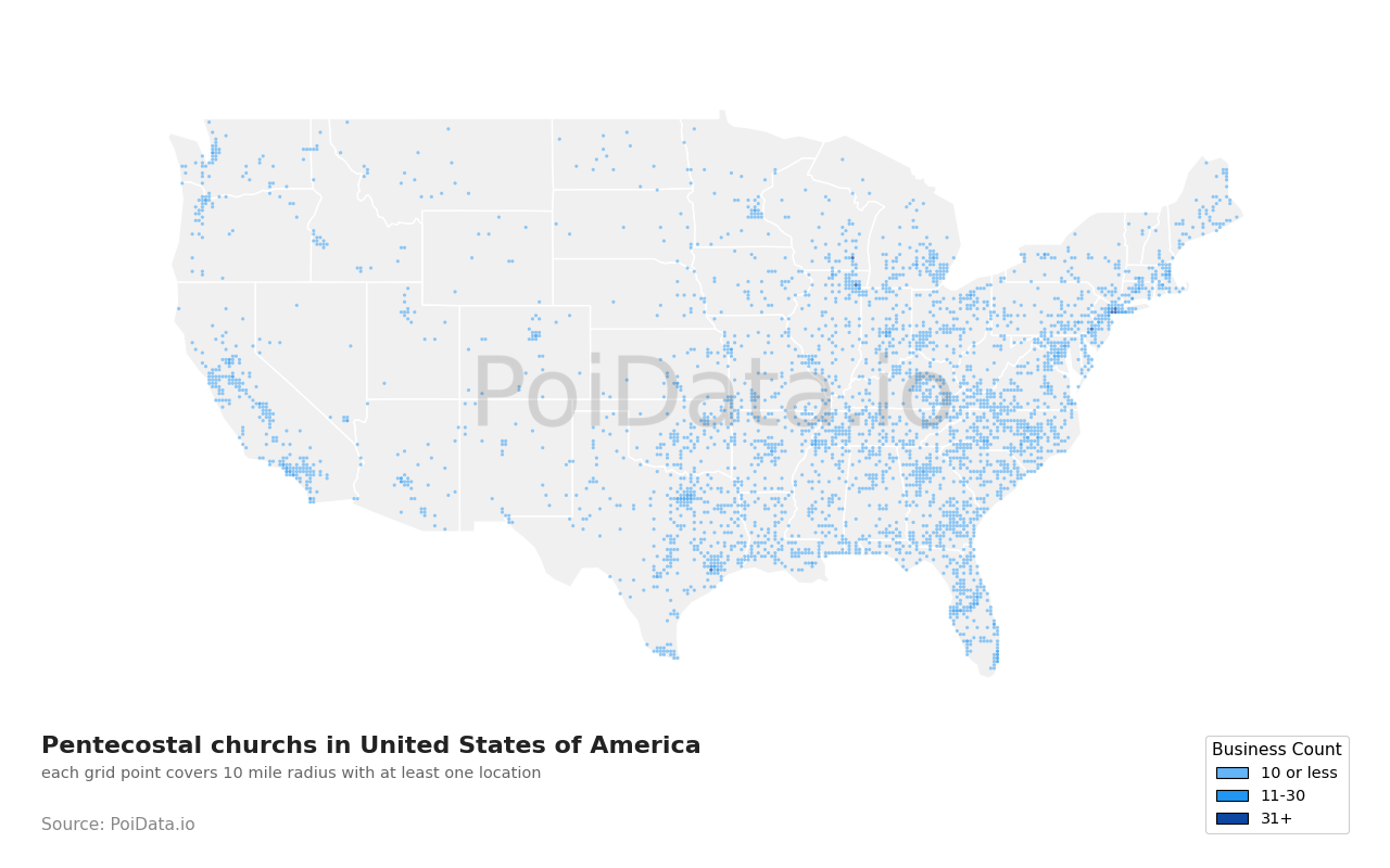 Pentecostal church density map for Florida, United States