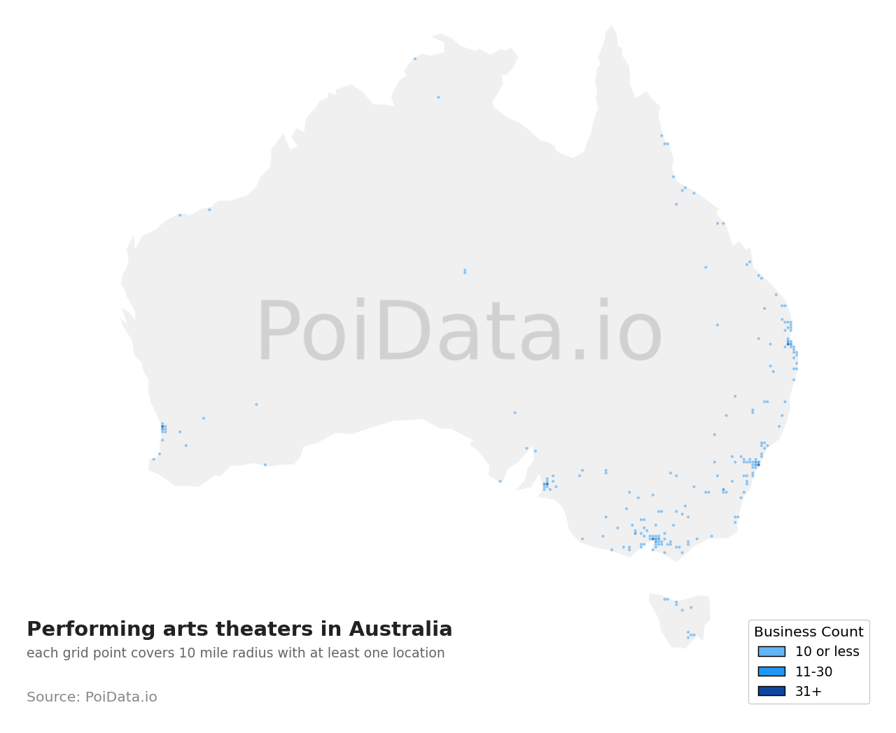 Performing arts theater density map for Australia