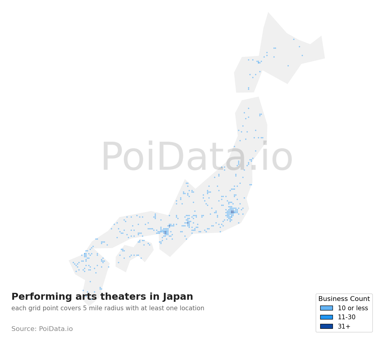 Performing arts theater density map for Japan