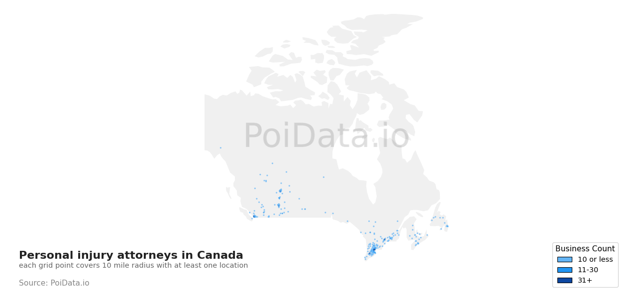 Personal injury attorney density map for Canada
