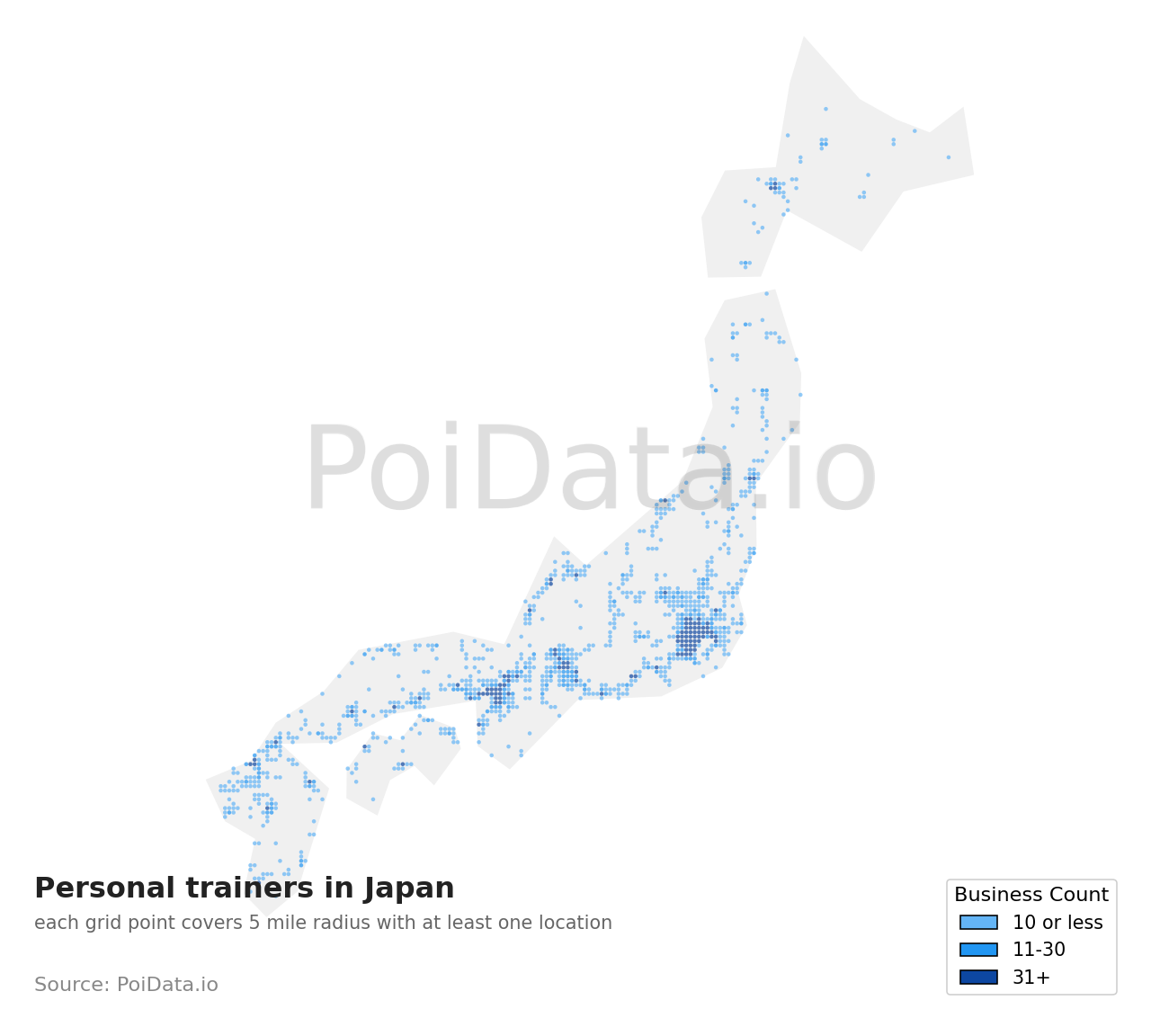 Personal trainer density map for Japan
