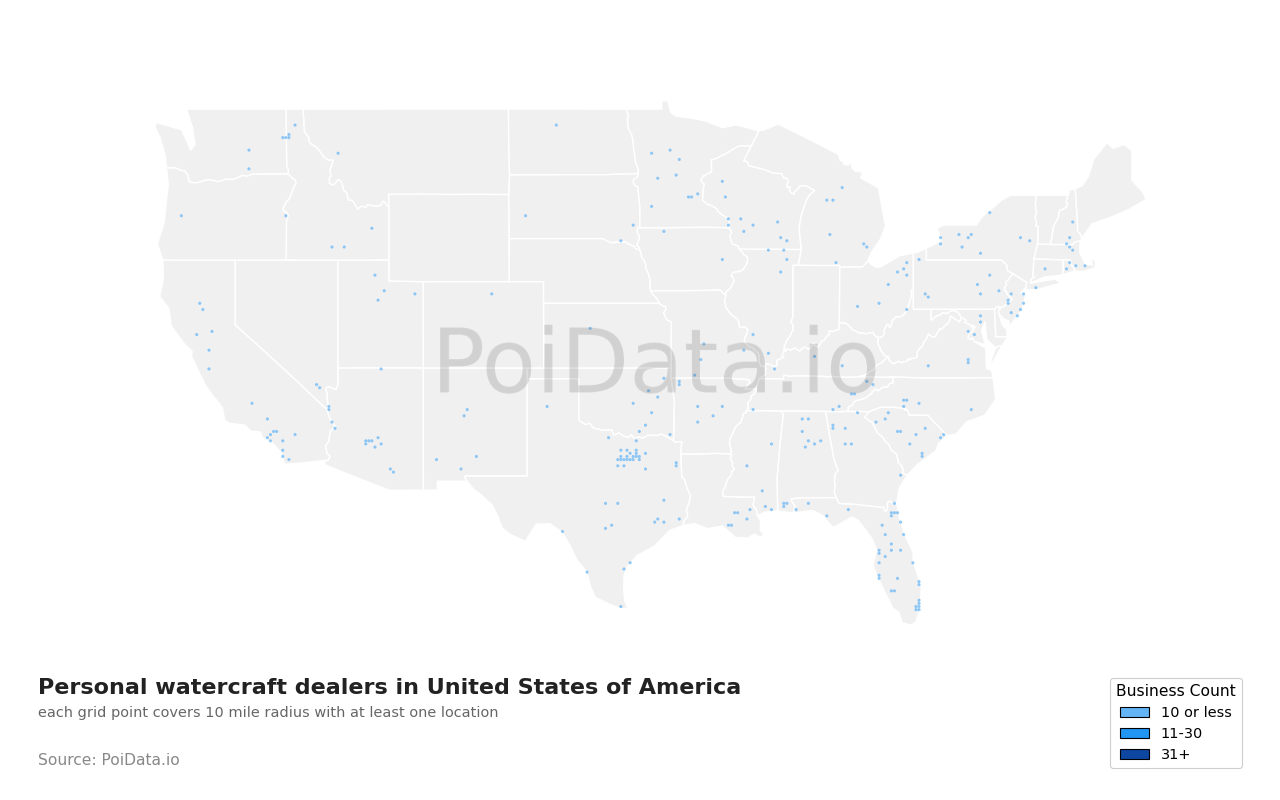 Personal watercraft dealer density map for United States