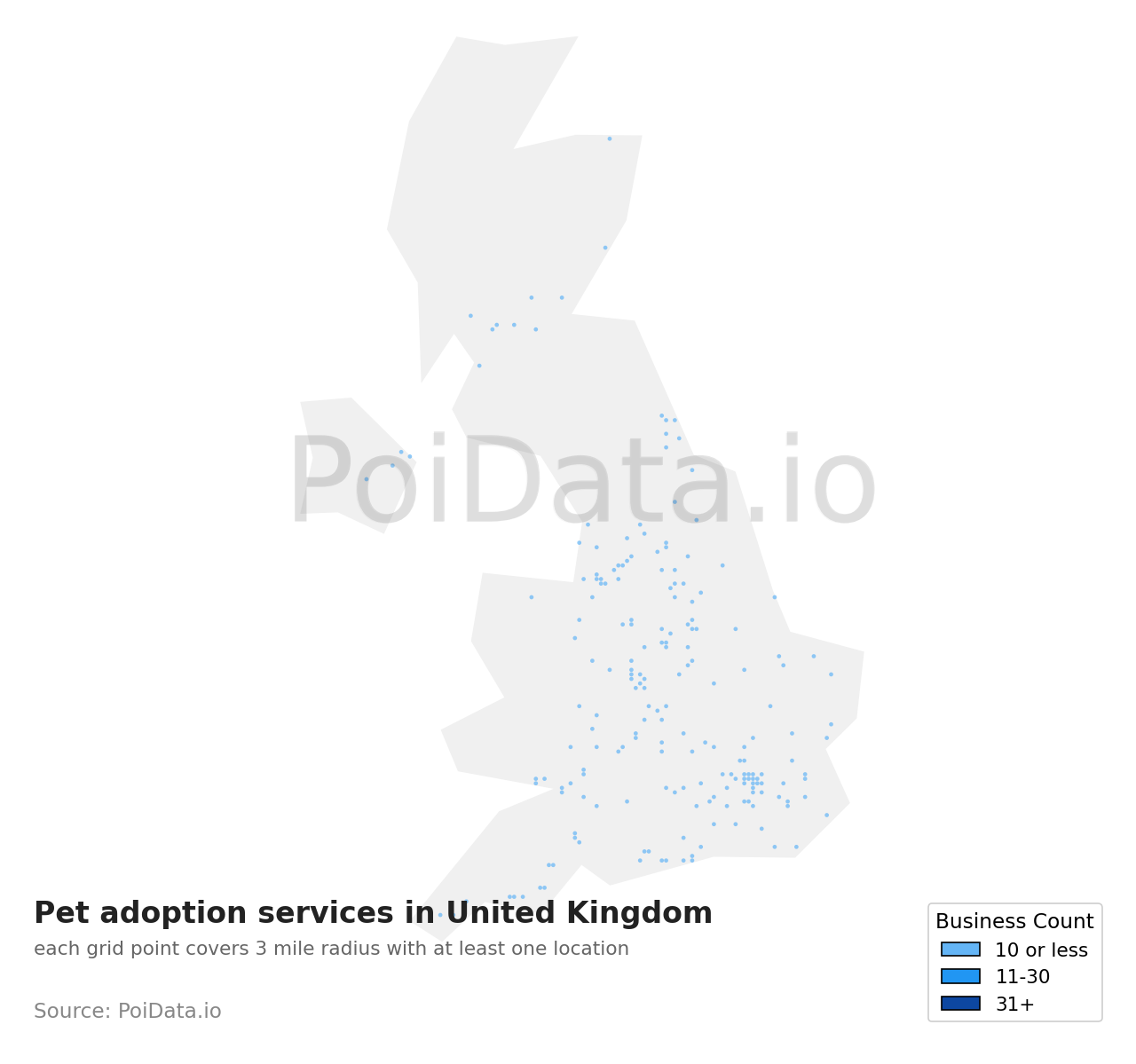 Pet adoption service density map for United Kingdom