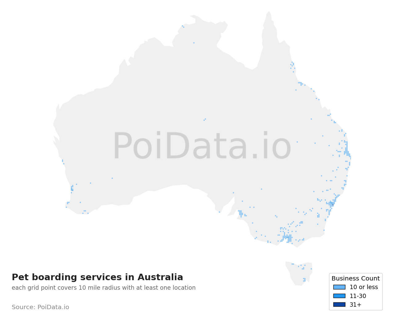 Pet boarding service density map for Australia
