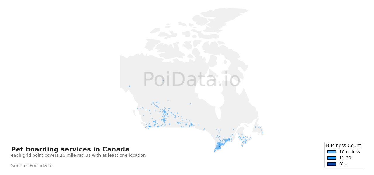 Pet boarding service density map for Alberta, Canada