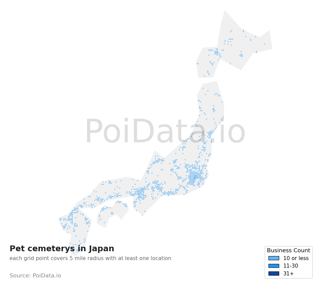 Pet cemetery density map for Japan