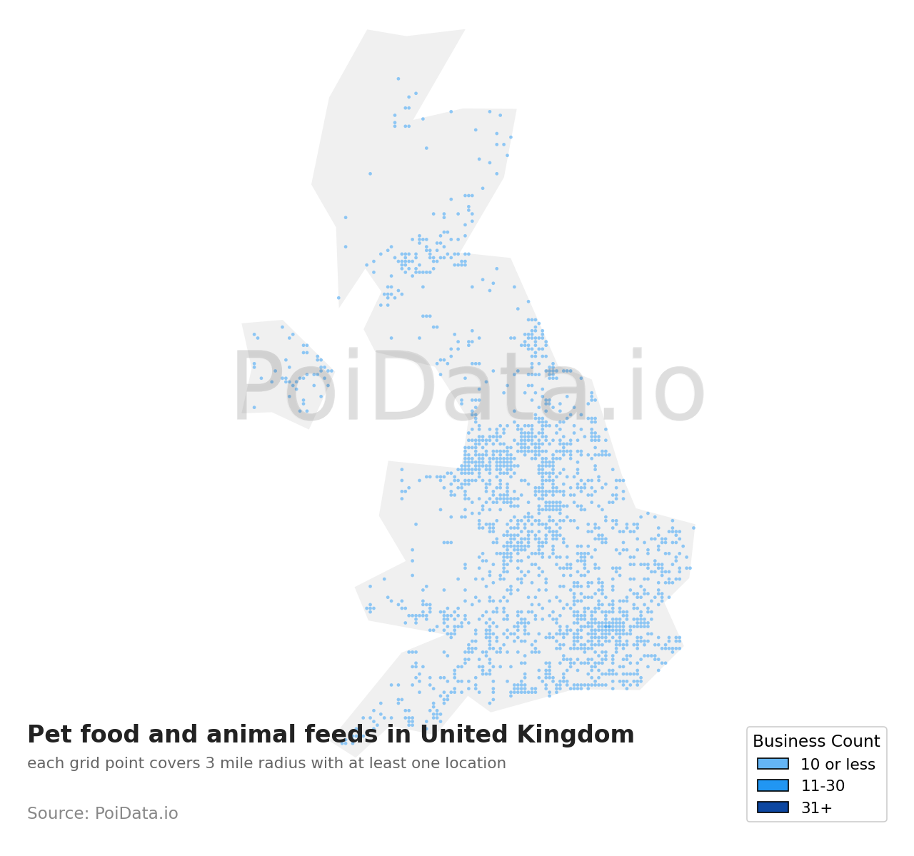 Pet food and animal feeds density map for United Kingdom