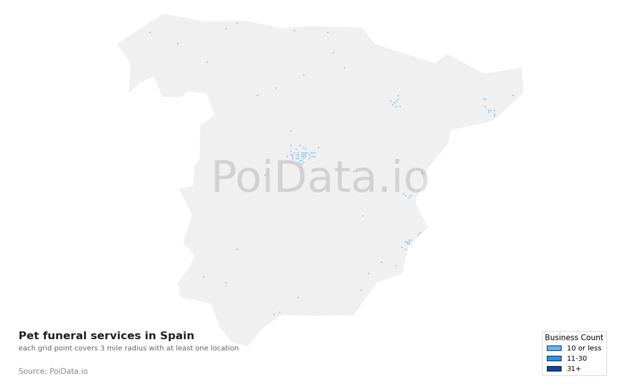 Pet funeral service density map for Spain