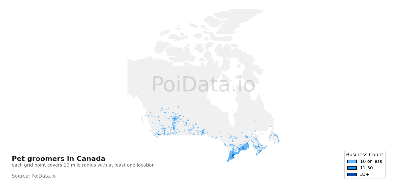 Pet groomer density map for Canada