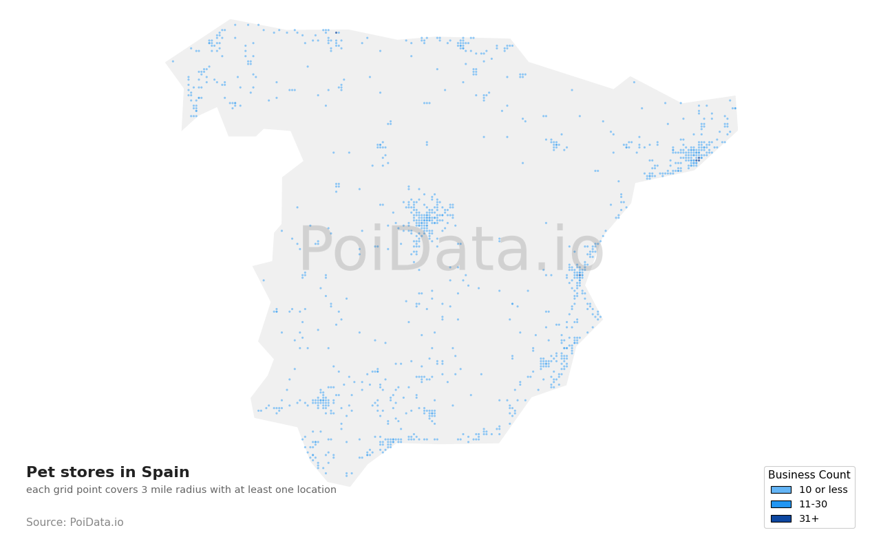 Pet store density map for Spain