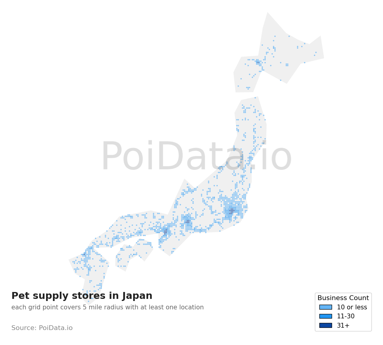 Pet supply store density map for Motoyoshi District, Miyagi, Japan