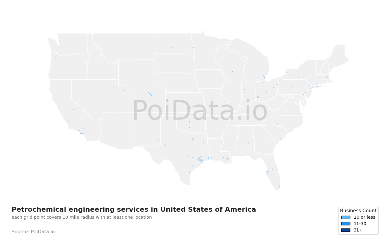 Petrochemical engineering service density map for United States
