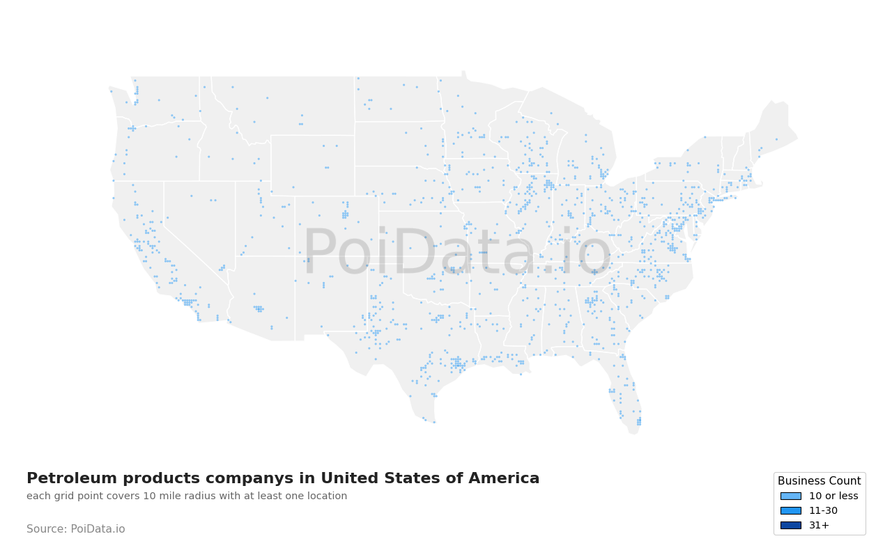 Petroleum products company density map for United States