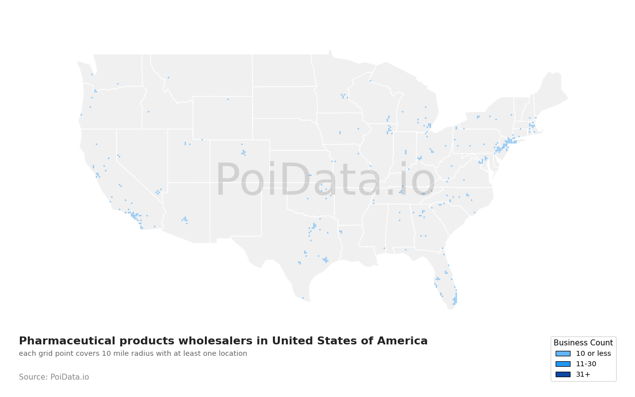 Pharmaceutical products wholesaler density map for United States