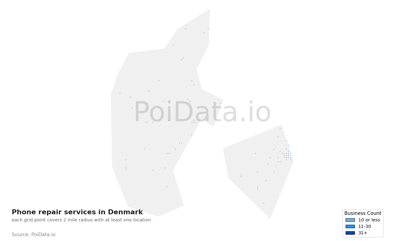Phone repair service density map for Denmark