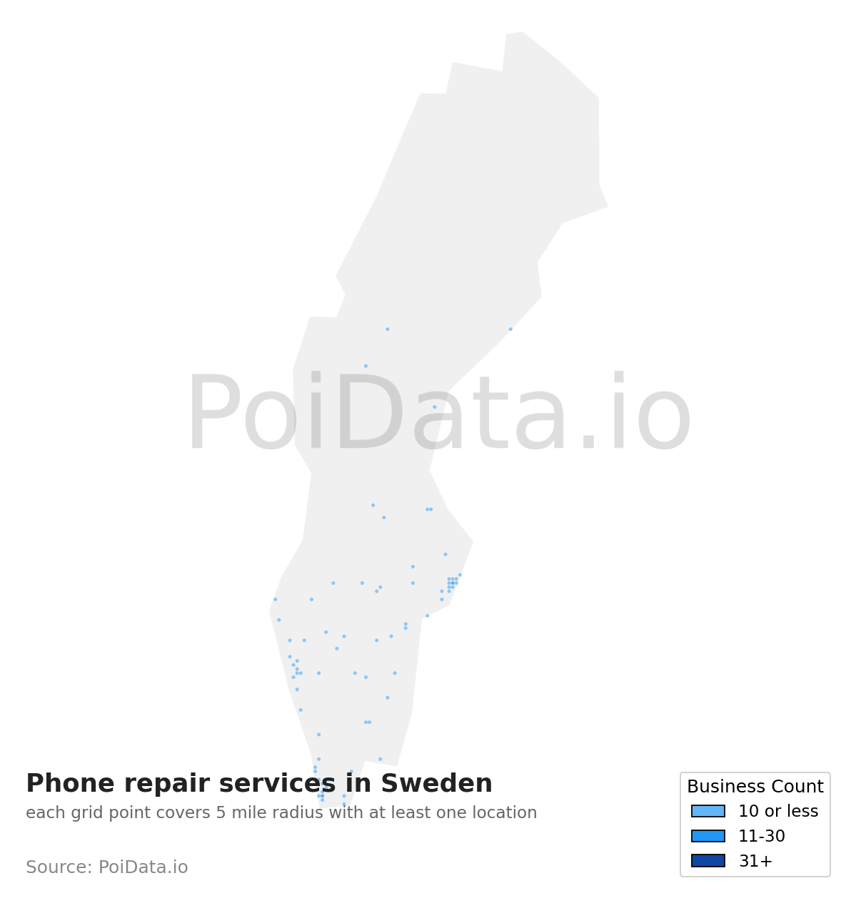 Phone repair service density map for Sweden