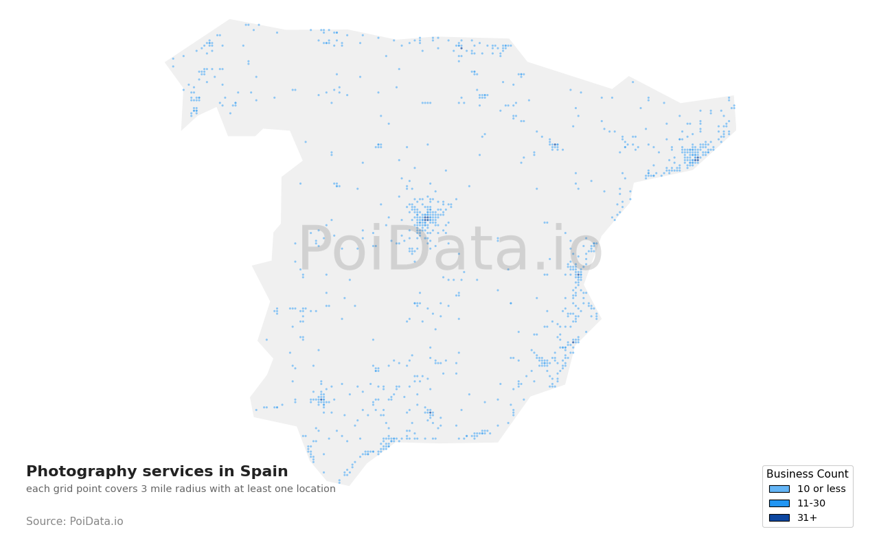 Photography service density map for Spain
