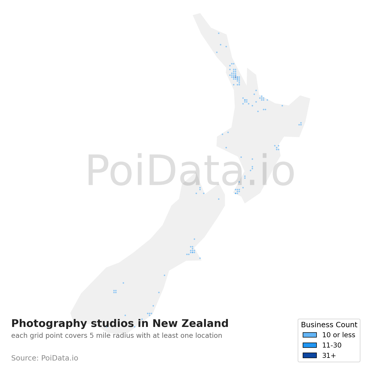 Photography studio density map for New Zealand