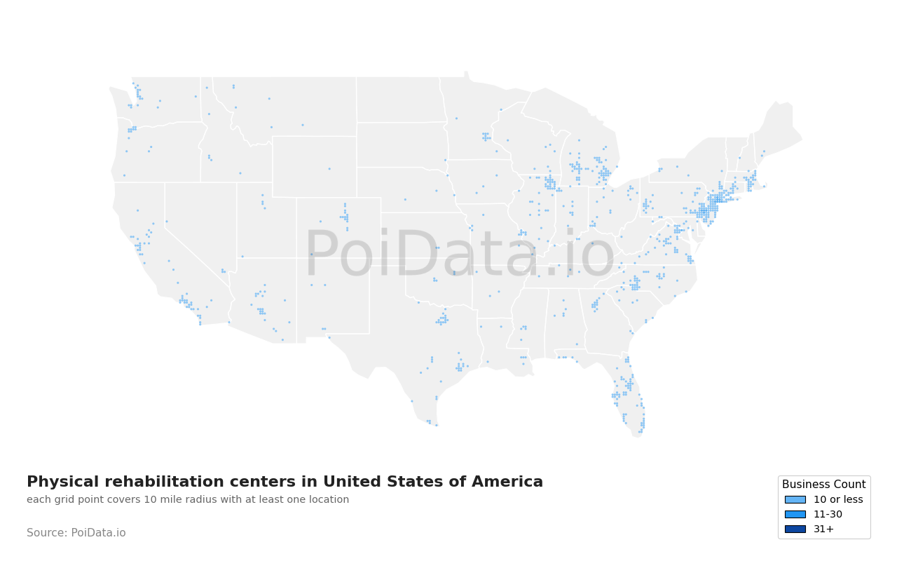 Physical rehabilitation center density map for United States