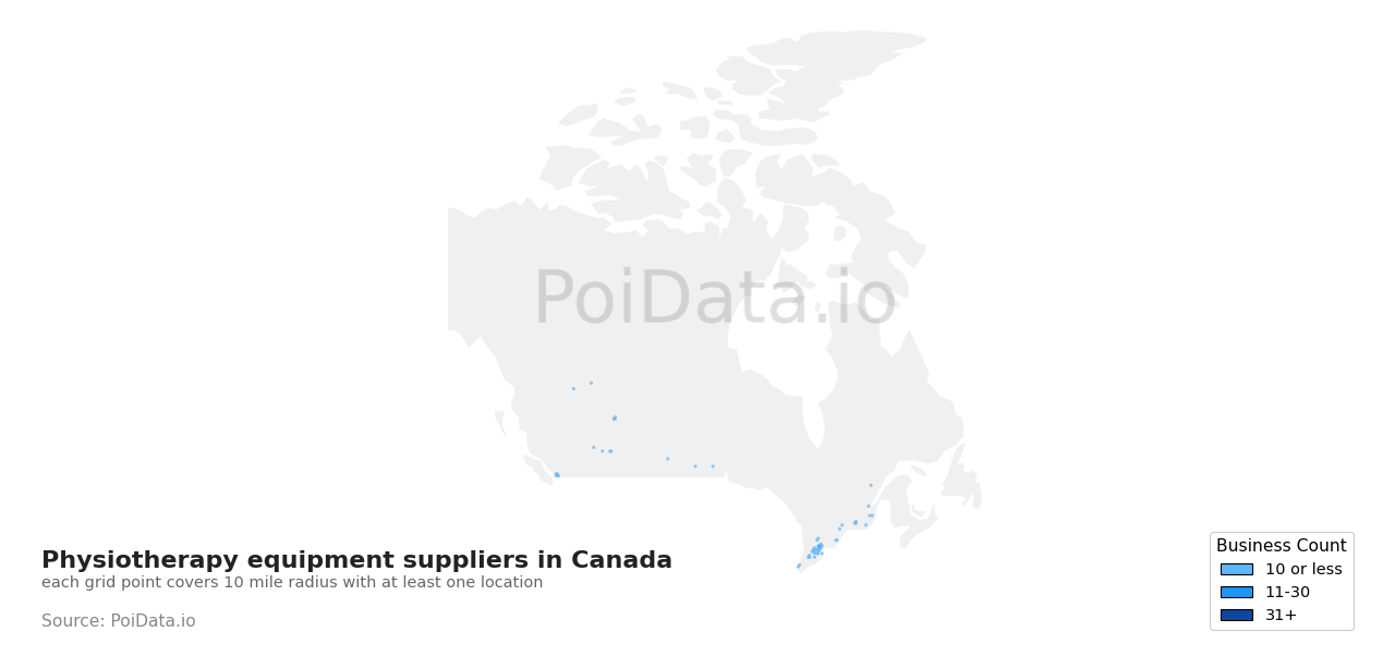 Physiotherapy equipment supplier density map for Quebec, Canada